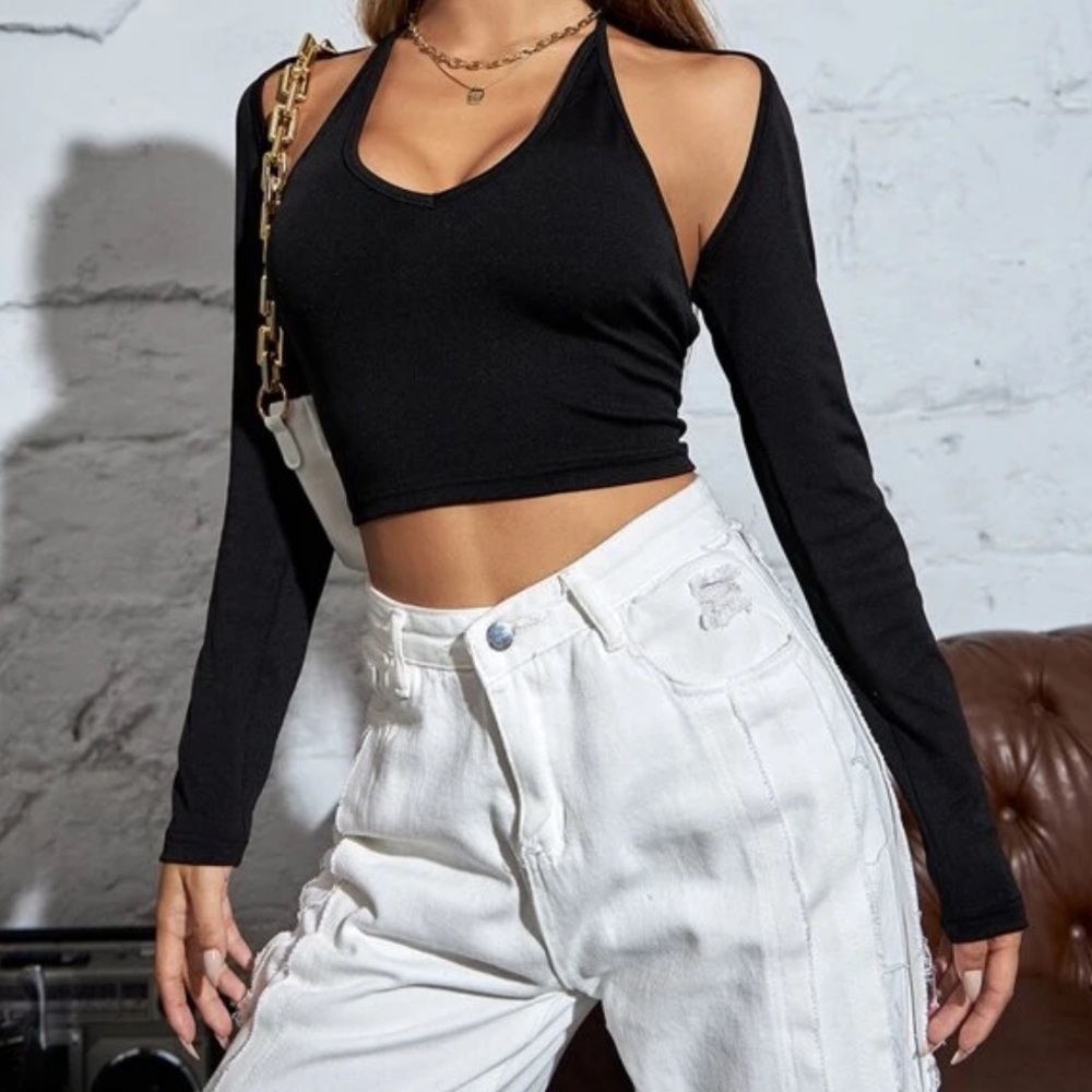 SHEIN Black Cut-Out Long Sleeve Crop Top